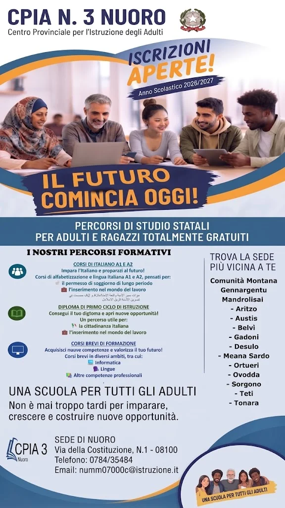 Apertura Iscrizioni CPIA 3 Nuoro – Corsi 2026/2027 presso il Centro Territoriale di Aritzo