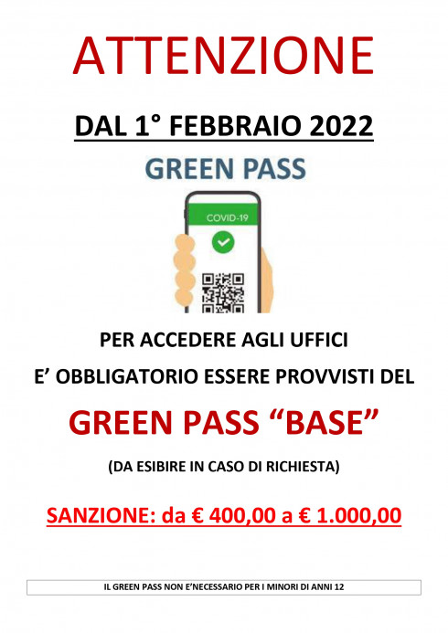 ACCESSO AGLI UFFICI COMUNALI SOLO CON GREEN PASS “BASE“