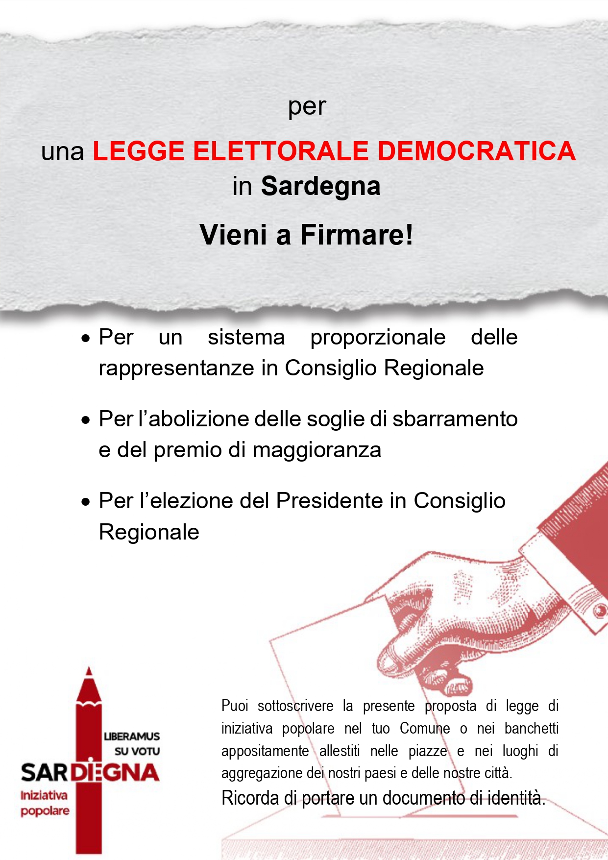 Raccolta Firme Proposta di Legge Elettorale di SarDEGNA Iniziativa Popolare “Liberiamo il Voto”